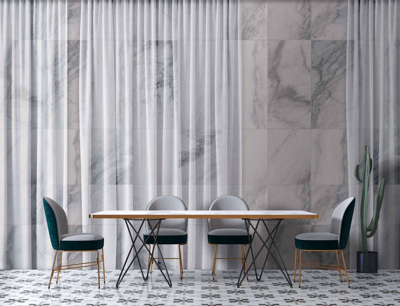             papier peint en papier panoramique »nova 1« - rideau blanc tombant discrètement sur un mur de marbre - intissé mat et lisse
        