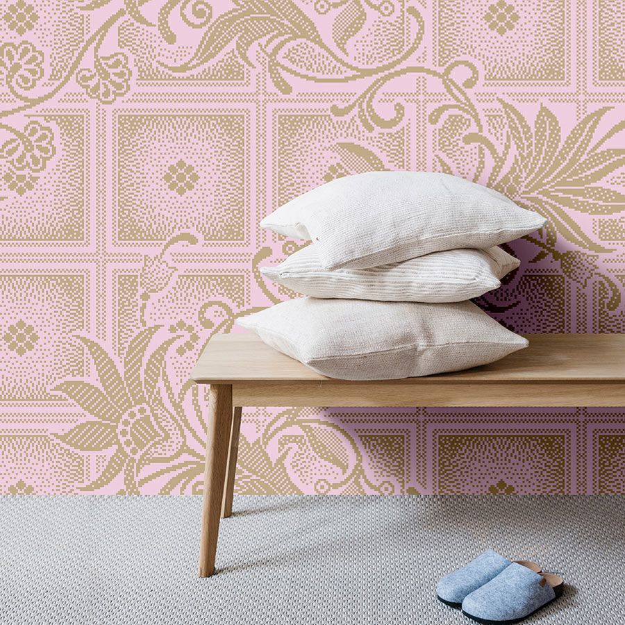 papier peint en papier panoramique »vivian« - carrés style pixel avec fleurs - rose | Intissé mat et lisse
