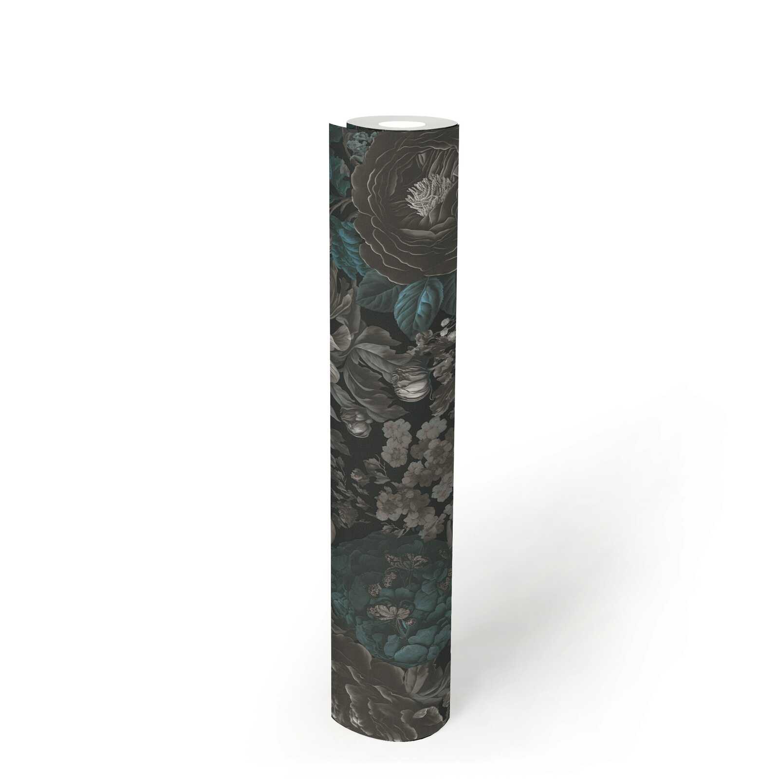             Papel pintado no tejido Esplendor floral vintage en gris - negro, gris, azul
        