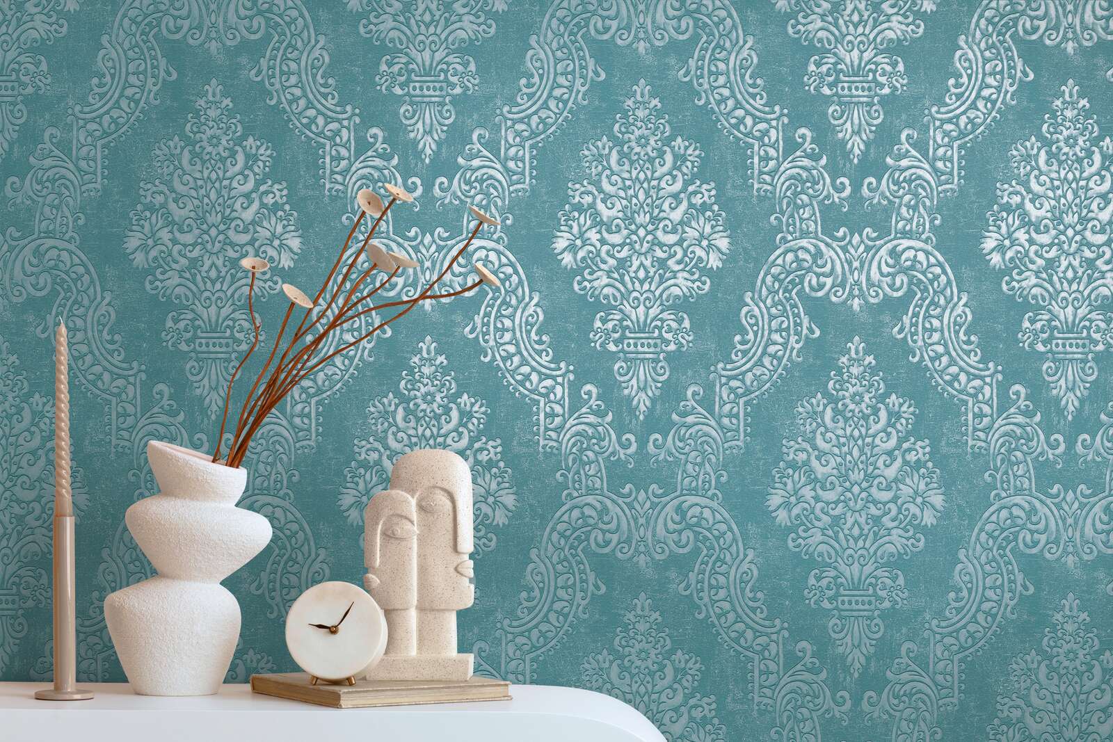             Non-woven wallpaper with ornaments and a shiny metallic effect - blue, turquoise
        