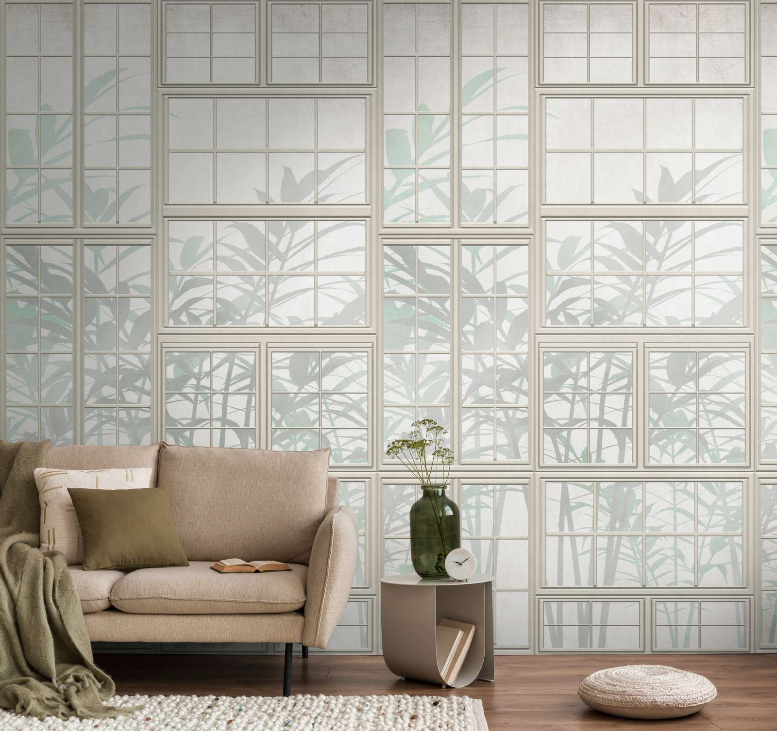             Loft window front 3D non-woven wallpaper with subtle plant silhouette and large-scale pattern repetition - cream, beige, green
        