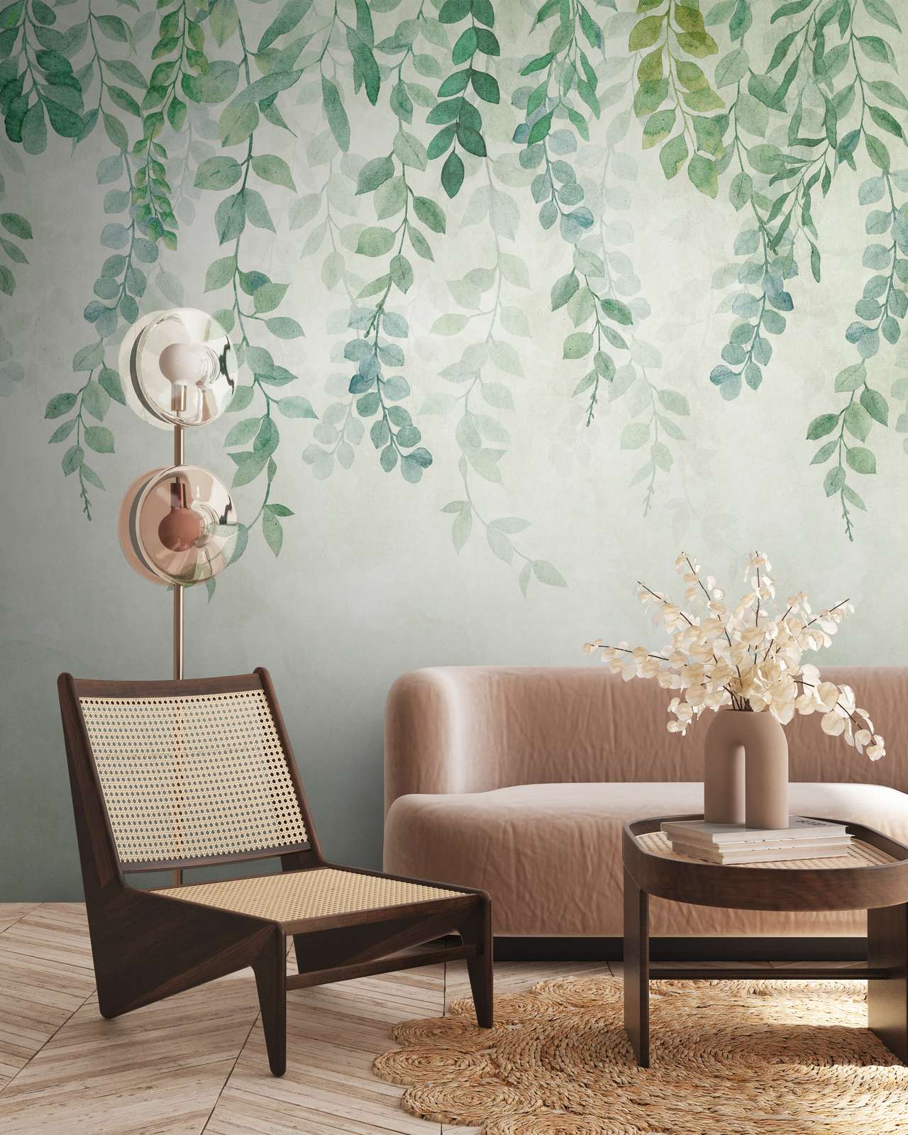             Non-woven wallpaper with leaf tendrils in a subtle watercolour look - green, blue, cream
        