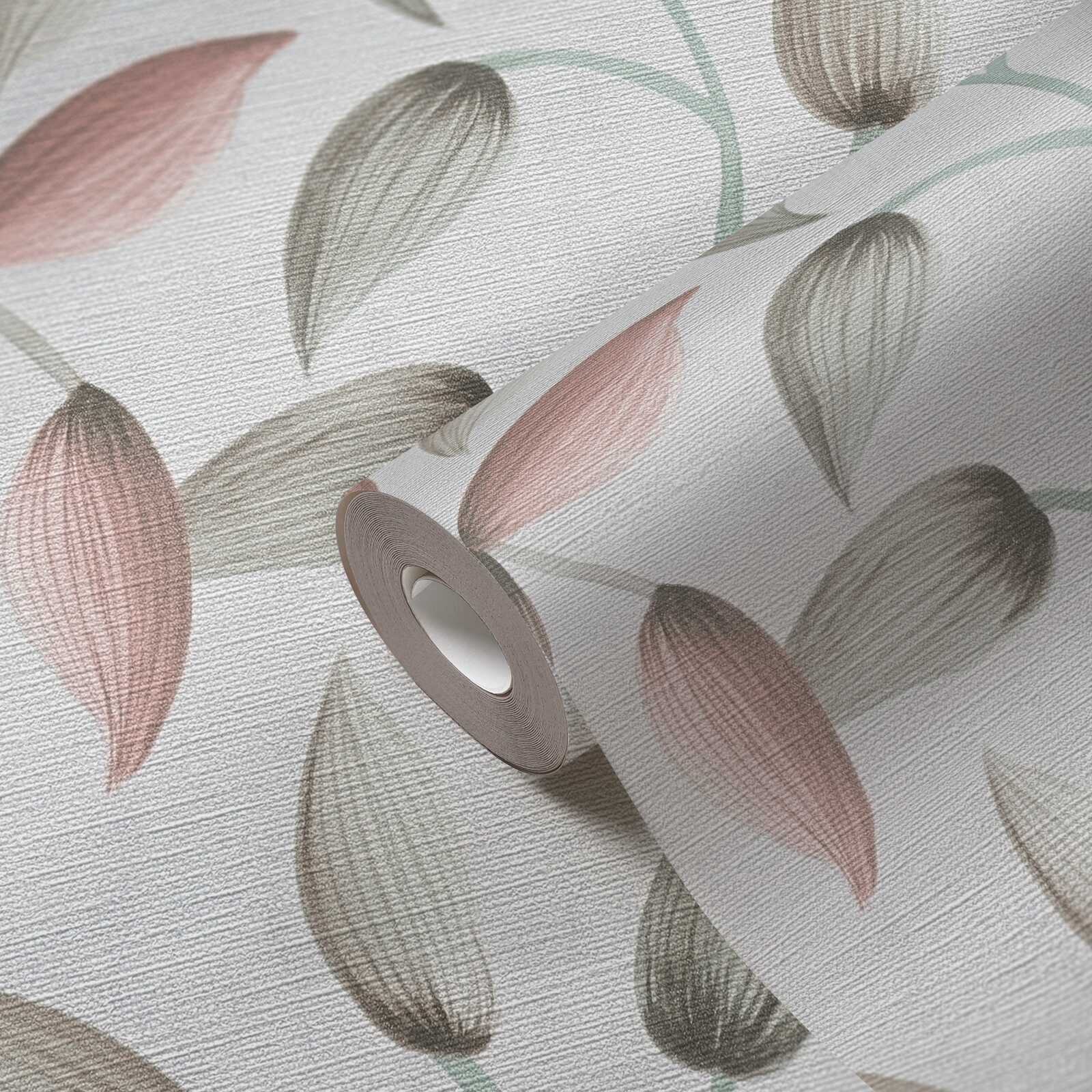             Non-woven wallpaper with soft floral tendrils - green, pink, cream
        