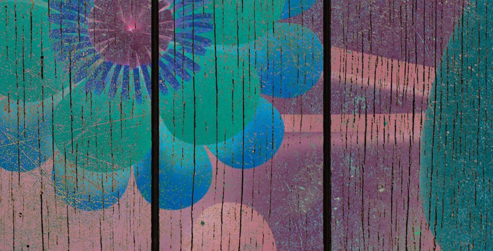             Sproeiboeket 1 - Fotobehang met bloemen op bordwand - houten panelen breed - Blauw, Groen | structuurvlies
        