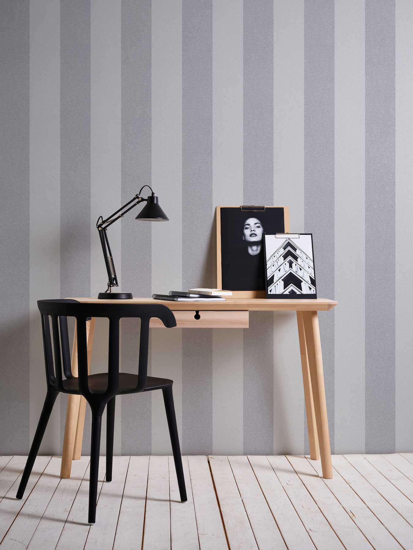             Block stripes wallpaper with linen look - blue, grey
        