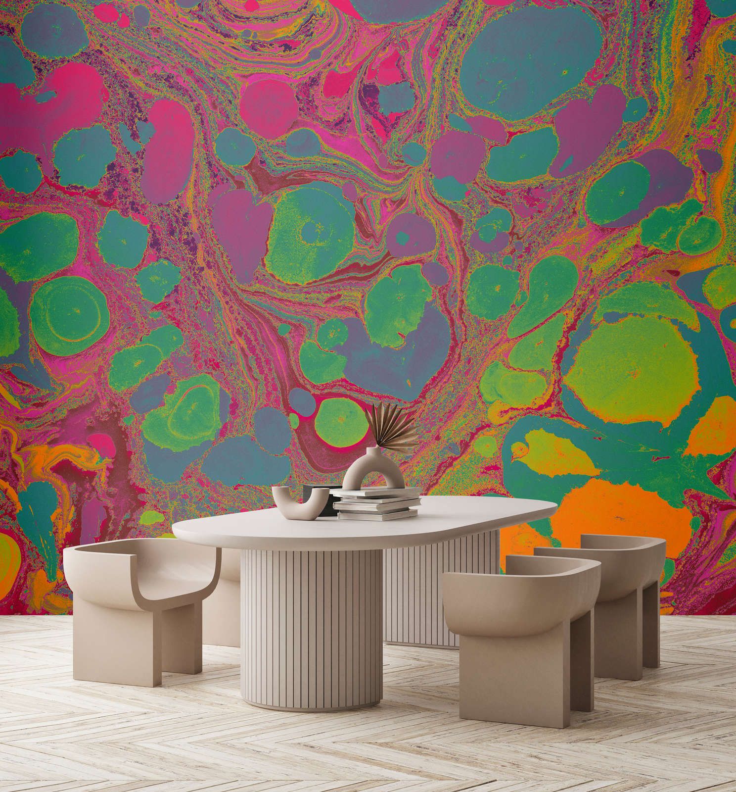             Photo wallpaper »flow« - Colour splash in bright colours - green, pink, orange | Smooth, slightly pearlescent non-woven fabric
        
