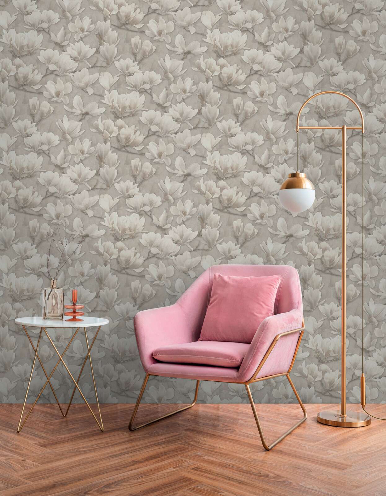             Vliesbehang met bloemenmotiefprint van magnolia - beige, crème, wit
        