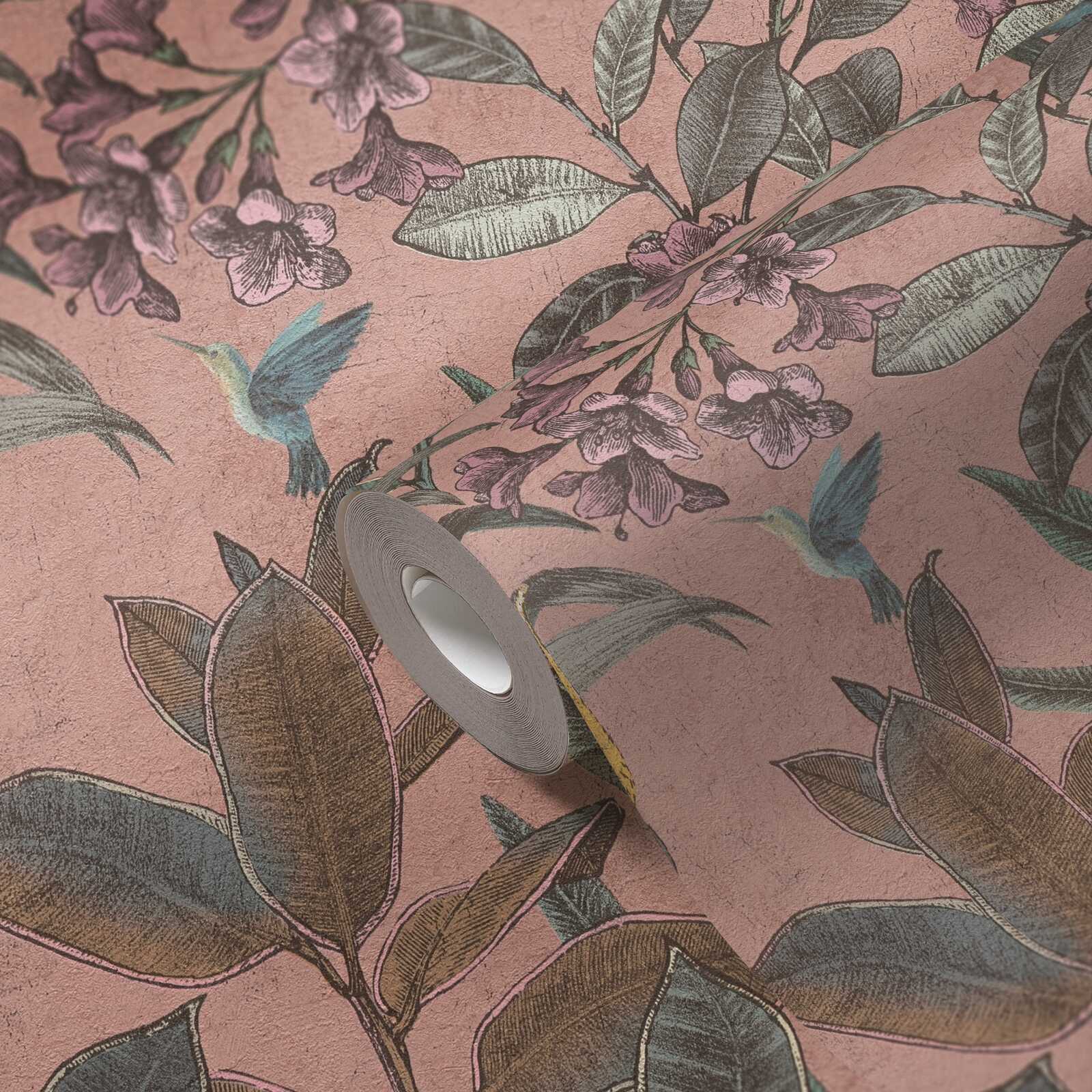             Non-woven wallpaper jungle with cockatoo in vintage look - pink, green, purple
        