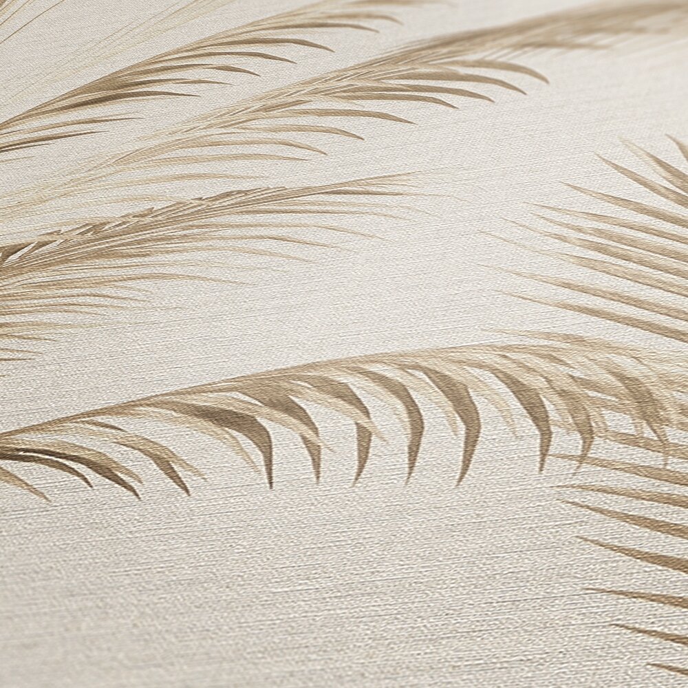             Non-woven wallpaper with palm leaves in soft colours - cream, beige, brown
        