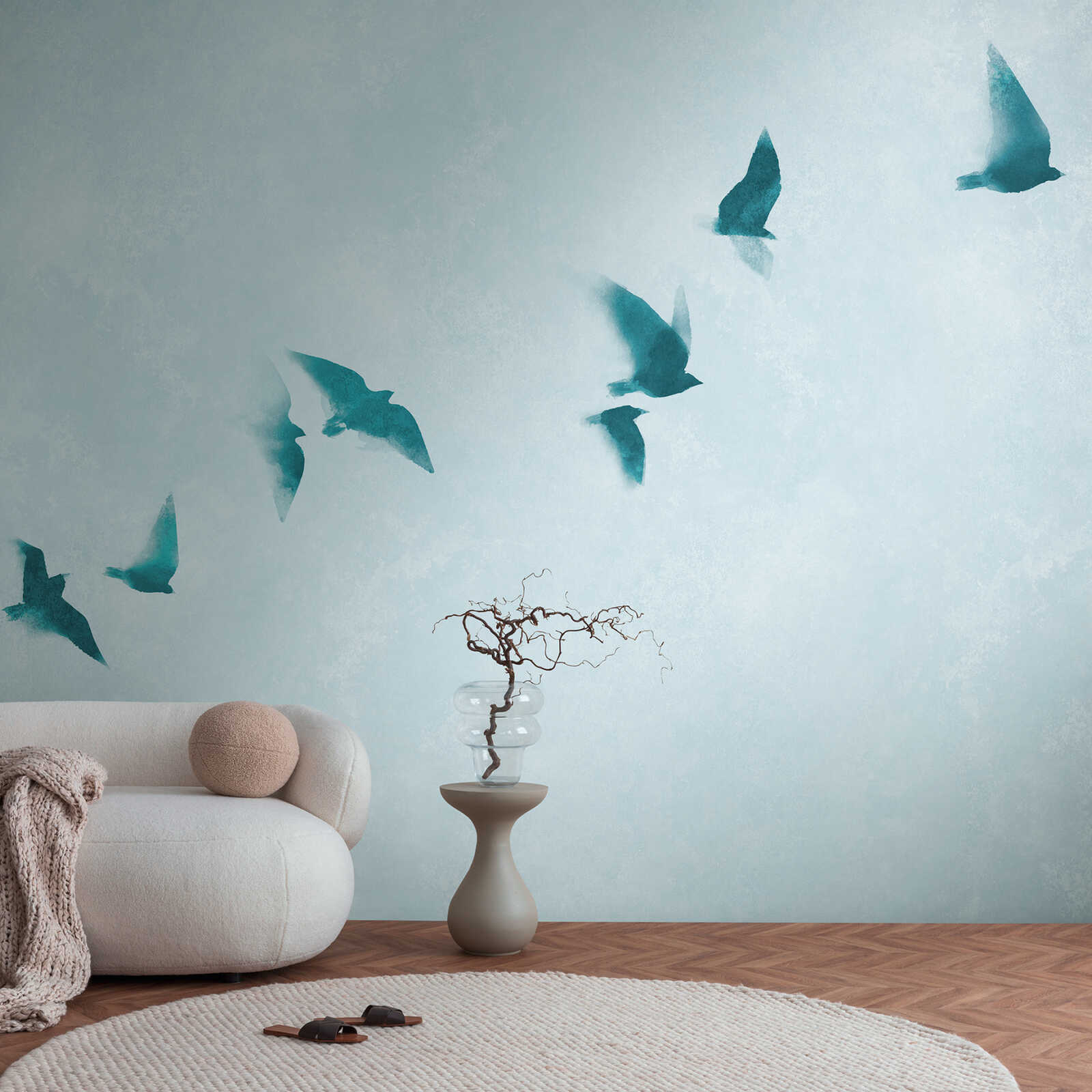             Calming photo wallpaper with flying birds in the sky as non-woven wallpaper - blue
        