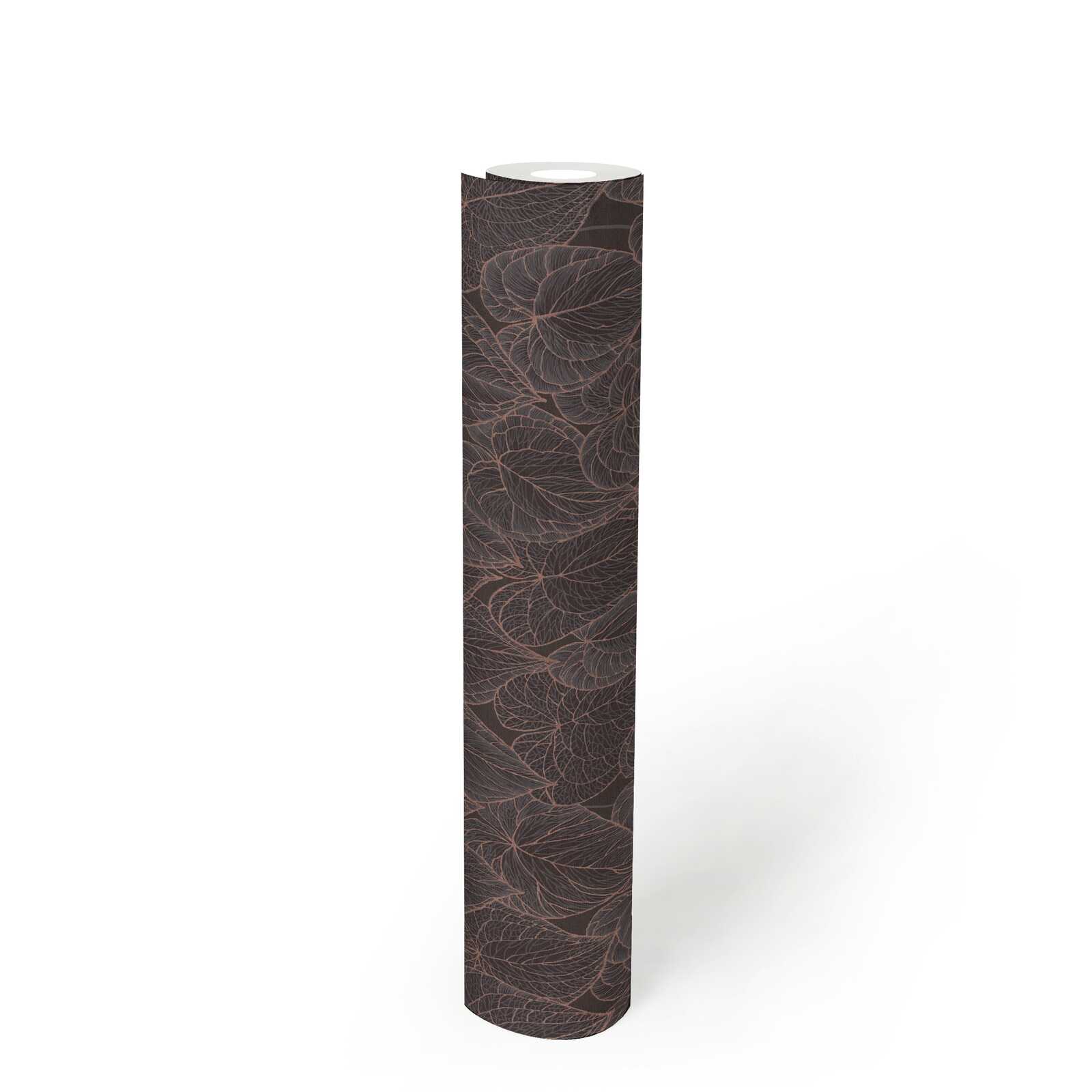             Daniel Hechter Elegant non-woven wallpaper with leaf pattern on black background with metallic accents - brown, black, gold
        