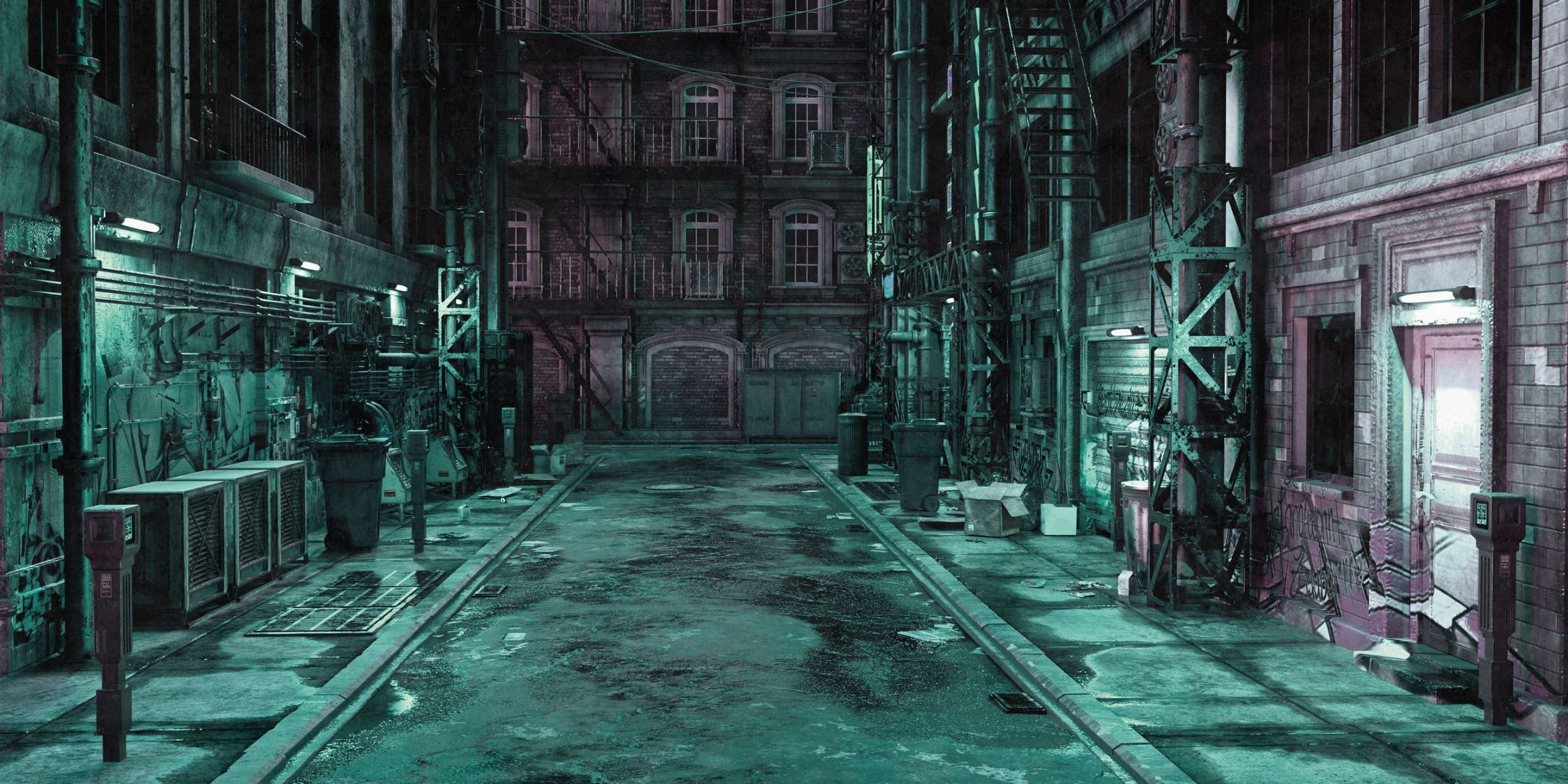             papier peint en papier panoramique »bronx« - rue latérale sombre d'une grande ville - intissé lisse aux reflets légèrement nacrés
        