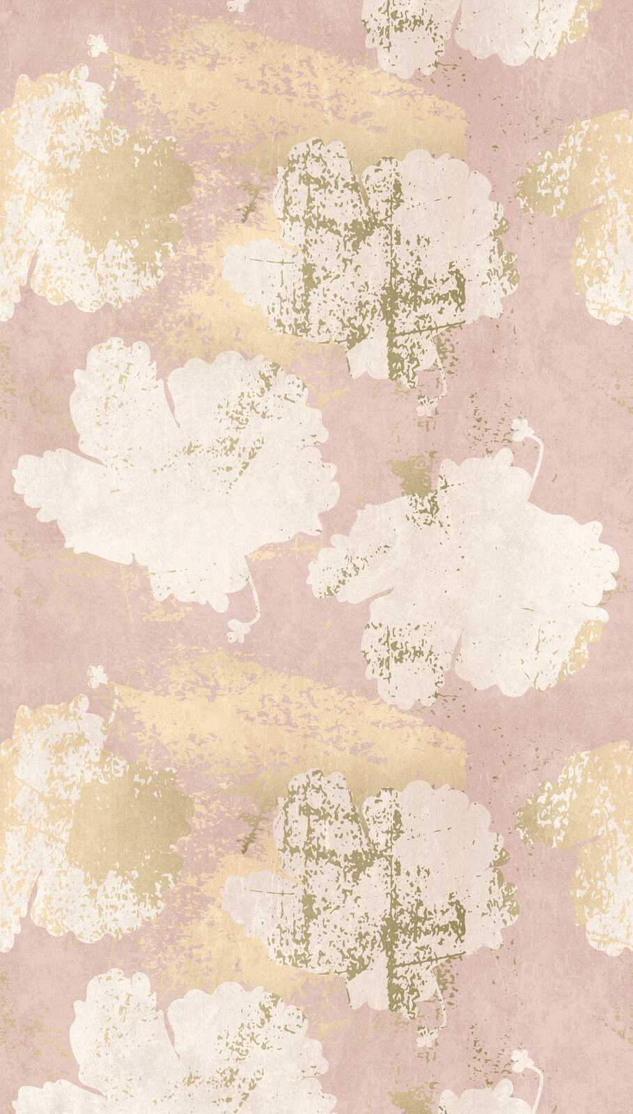             Fleurs papier peint intissé avec empreintes de feuilles et accents dorés et répétition de motifs à grande échelle - rose, crème, beige
        