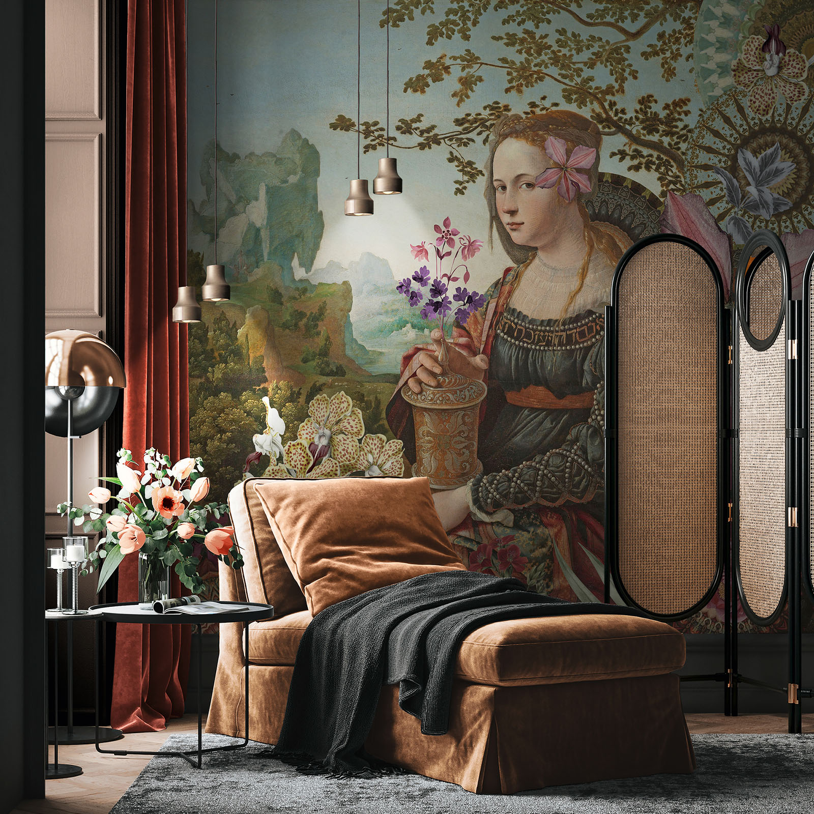         Exclusive motif wallpaper with woman in painting look - pink, green
    