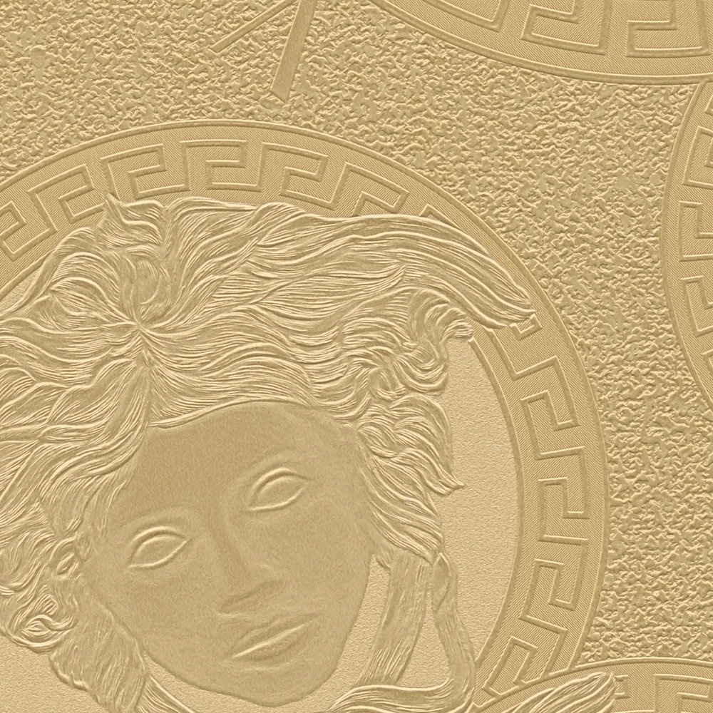             Gouden VERSACE behang met Medusa en metallic glans
        