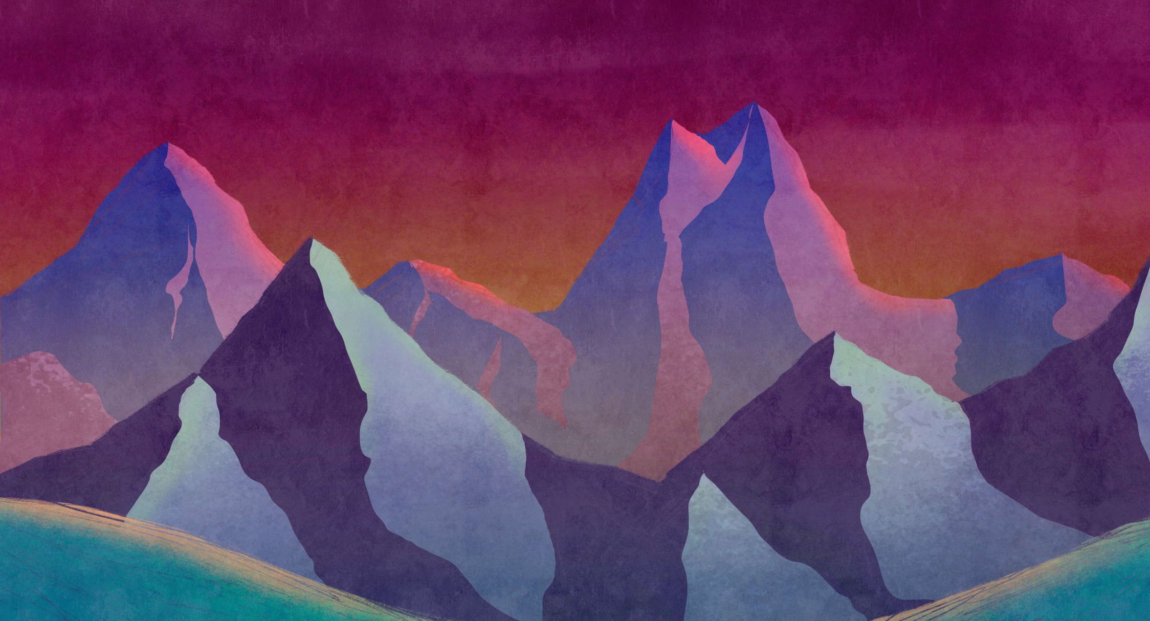             Digital behang »altitude 1« - Abstracte bergen in neonkleuren met vintage pleisterstructuur - Licht geweven stof met structuur
        