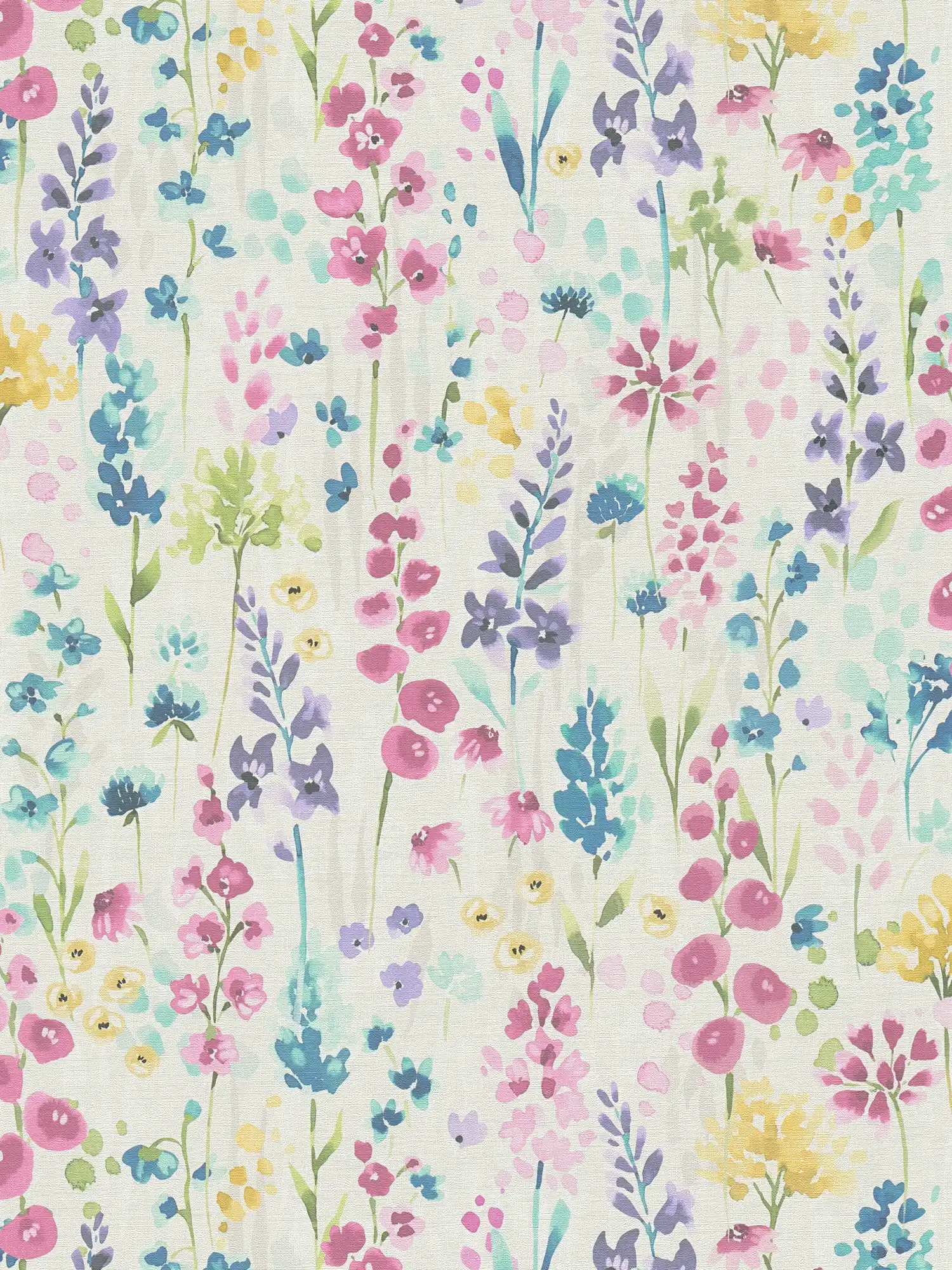             Colourful flower meadow wallpaper in watercolour design - colourful, white, pink
        