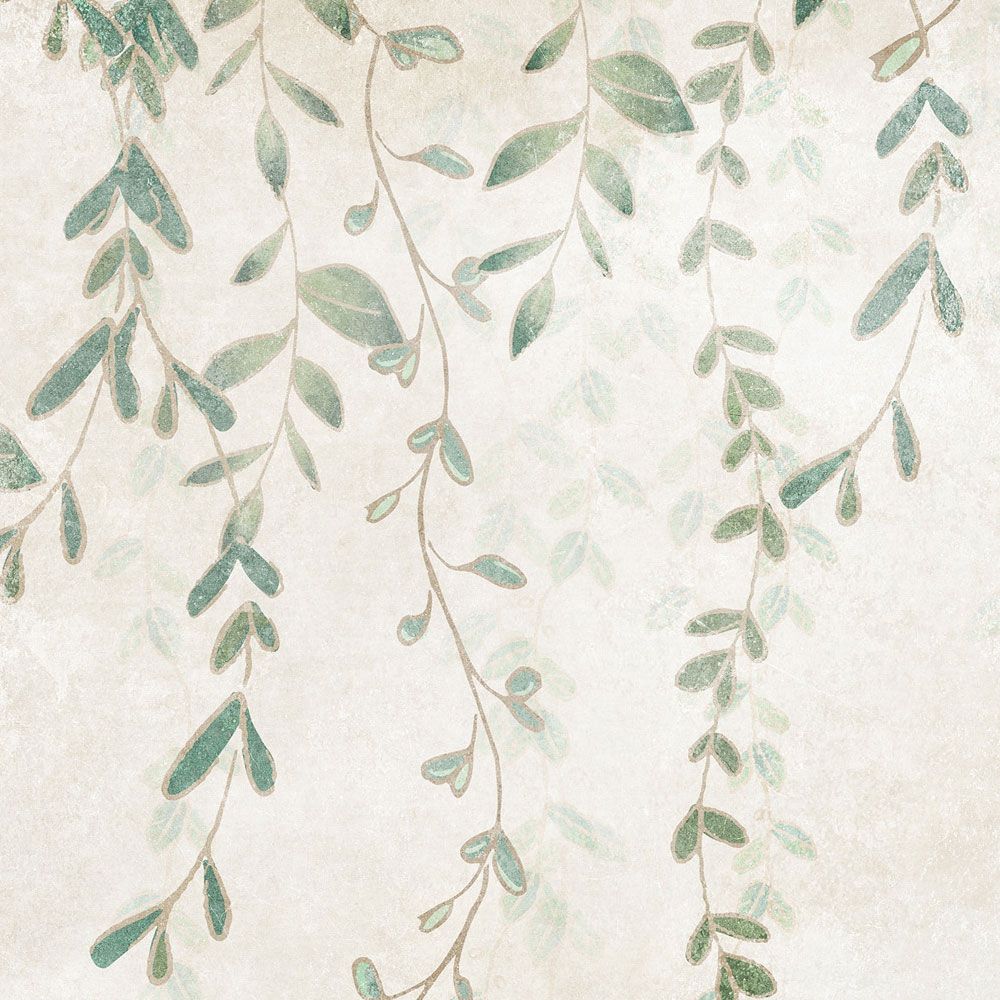             papier peint en papier panoramique »kerala« - guirlande de feuilles devant une structure d'enduit béton - intissé lisse, légèrement nacré
        