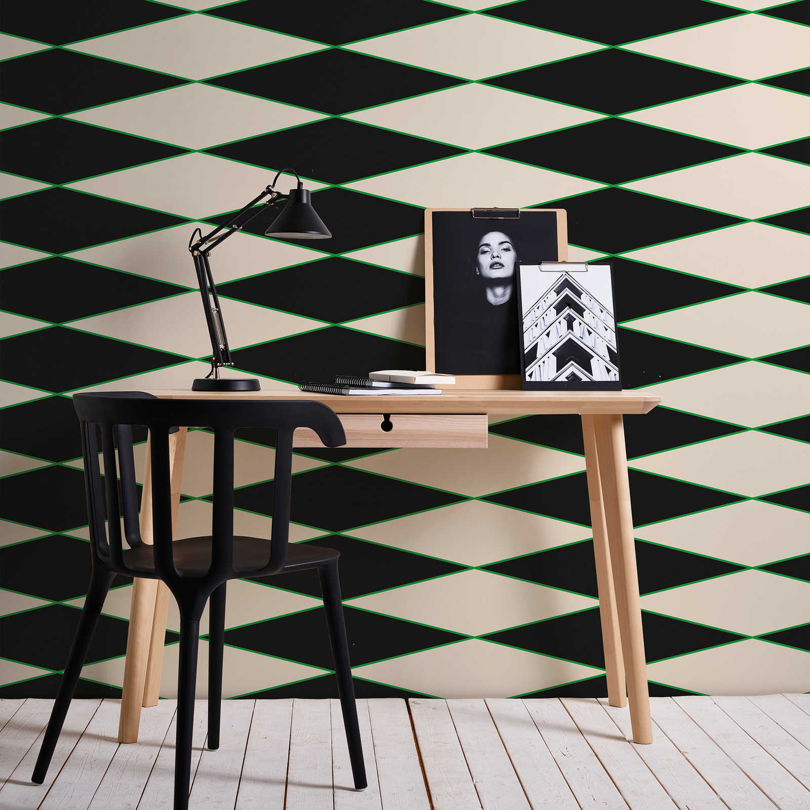         Graphic Wallpaper with Diamonds & Line Patterns - Black, Cream, Green | Premium Smooth Non-woven
    