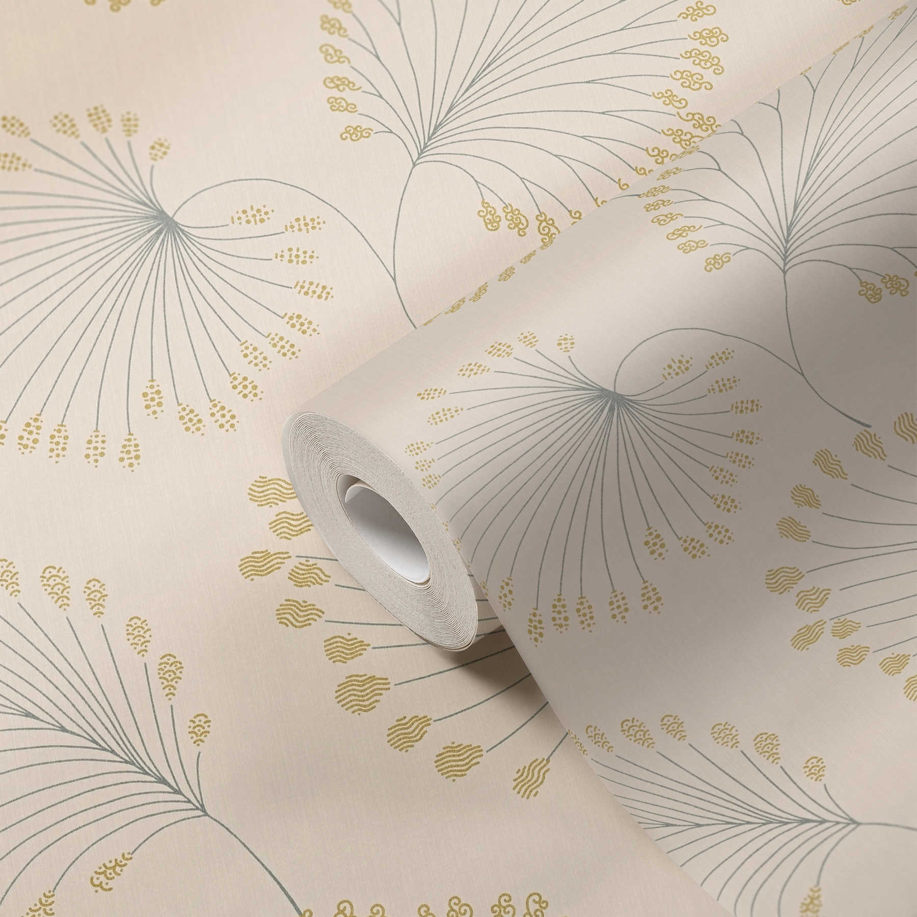             Modern non-woven wallpaper with leaves design & gold effect - beige
        