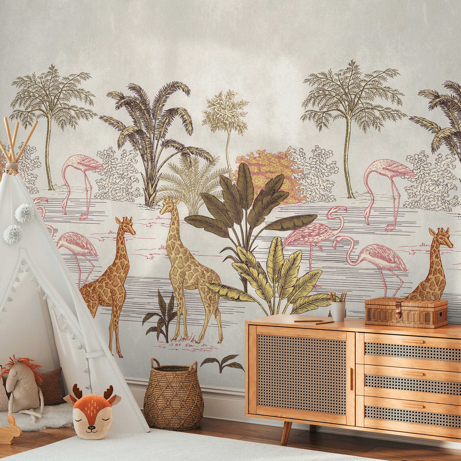             Papel pintado no tejido exótico para habitaciones infantiles con animales de safari y una repetición de motivos a gran escala - crema, beige, marrón
        