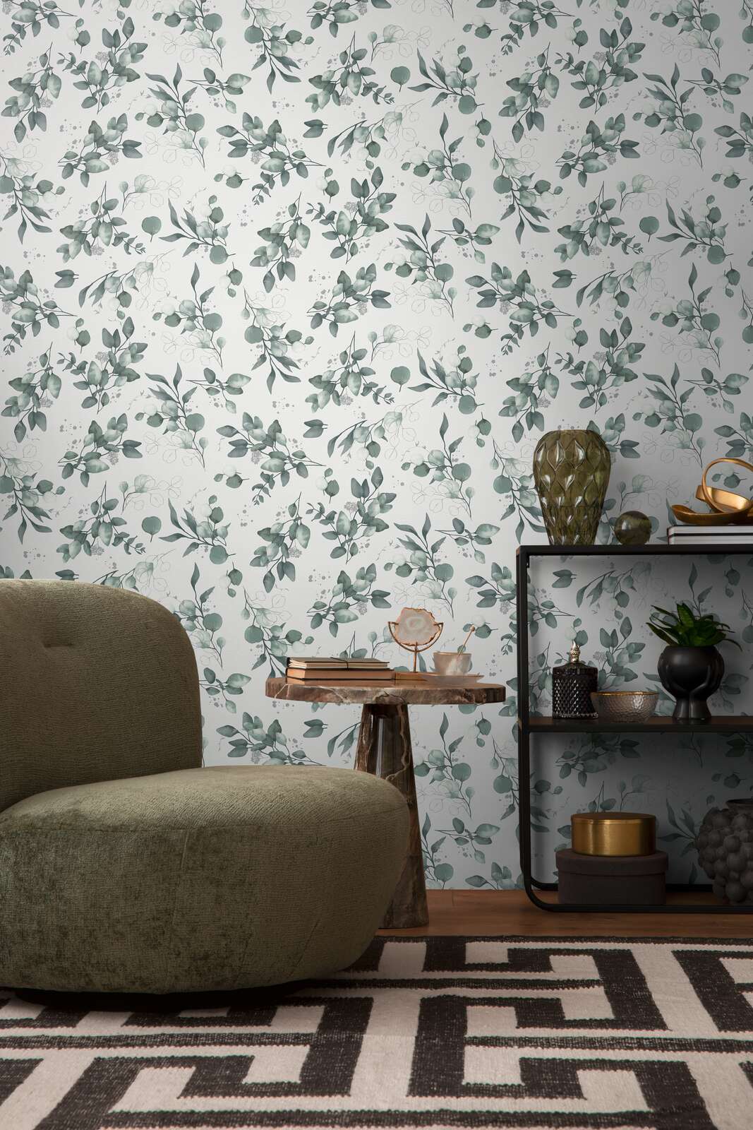             Smooth non-woven wallpaper with an elegant floral motif - white, green, silver
        