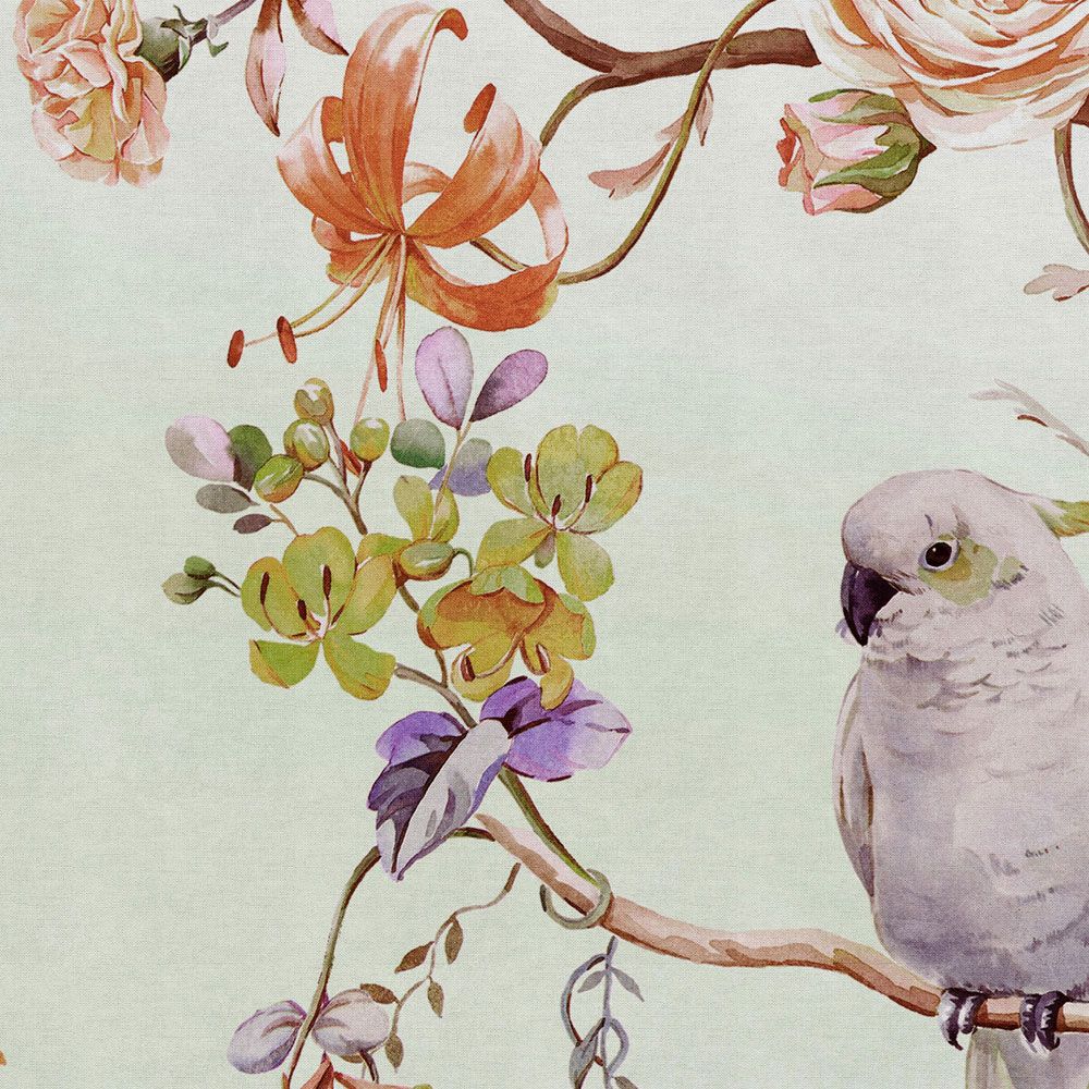             Fotomural »paradise« - Pájaro y flores con degradado de colores y textura de lino en el fondo - Coloreado | Tela no tejida lisa, ligeramente nacarada
        