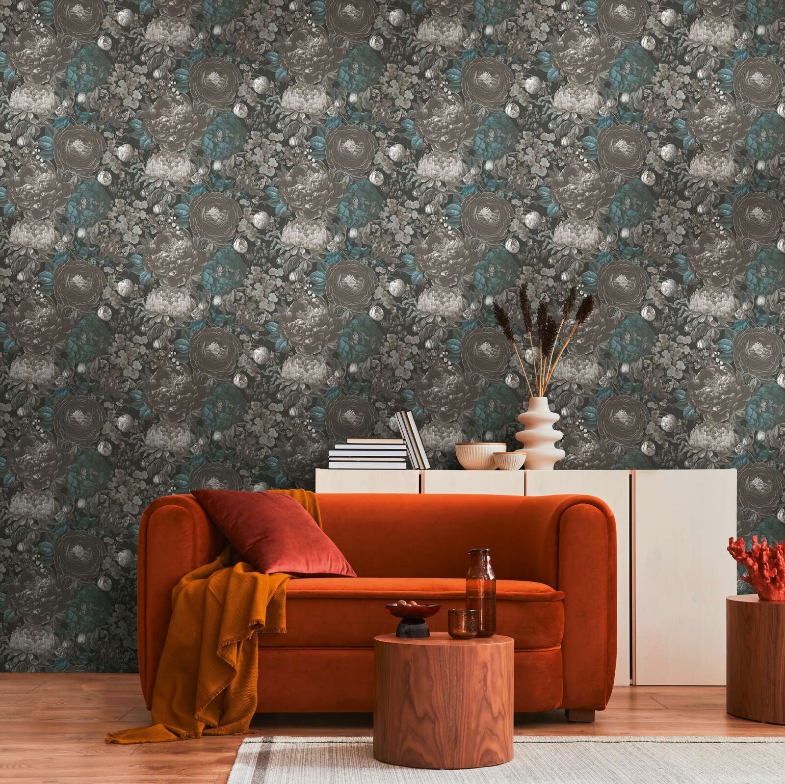             Vintage floral splendour non-woven wallpaper in grey - black, grey, blue
        