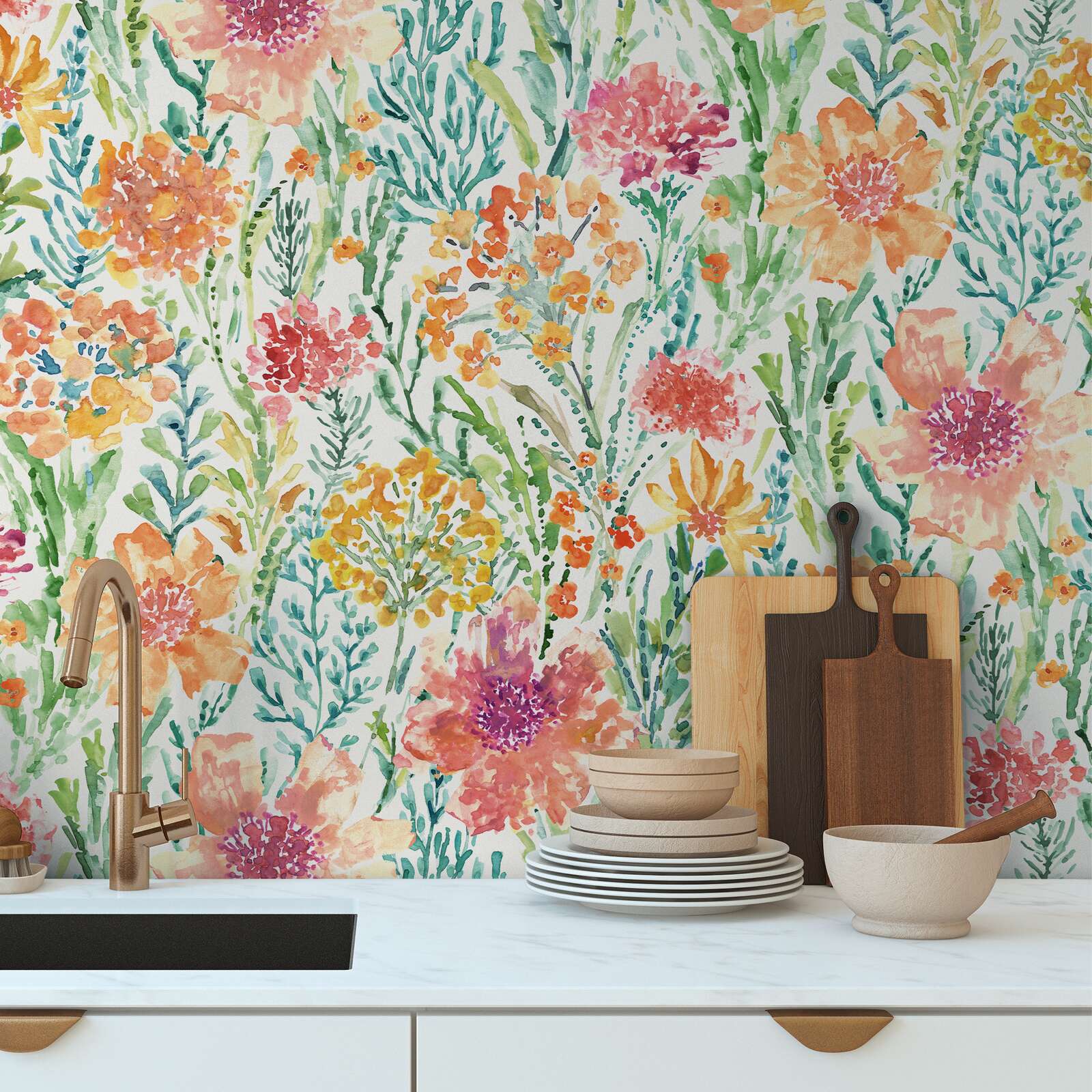             Non-woven wallpaper flower meadow in watercolour look - colourful, white, red
        