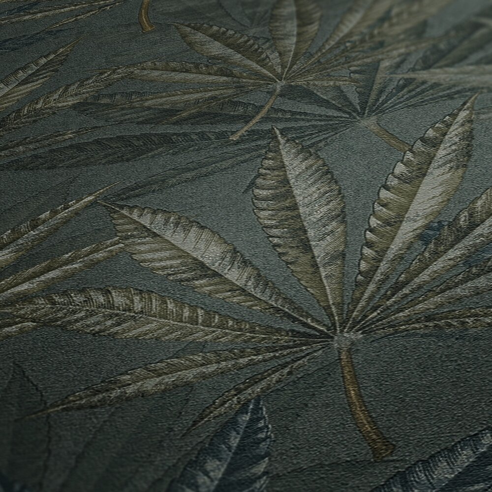             Papel pintado no tejido con hojas de palmera de aspecto estampado - gris, verde, azul
        