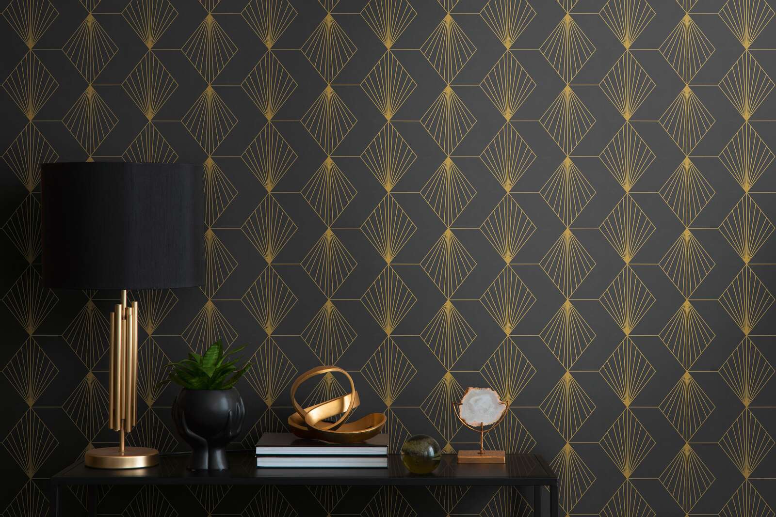             Papel pintado tejido-no tejido Art Déco con motivos glamurosos - negro, dorado
        