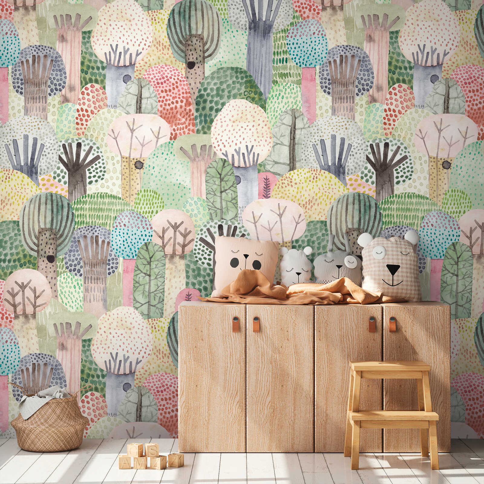         Non-woven wallpaper for children's rooms with a colourful fairytale forest and a large-scale pattern repetition - colourful, green, pink
    