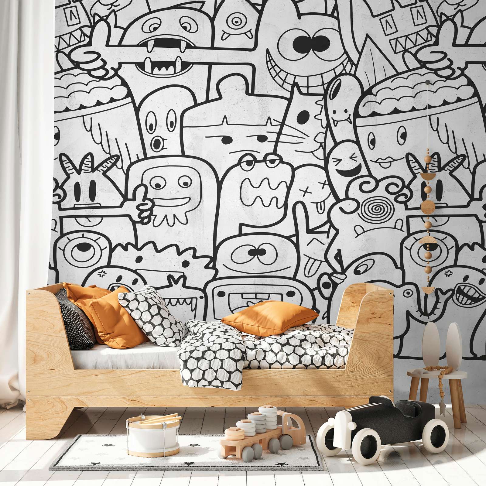             Papel pintado no tejido para habitaciones infantiles con alegres motivos de personajes monstruosos y una repetición de motivos a gran escala - blanco, negro
        