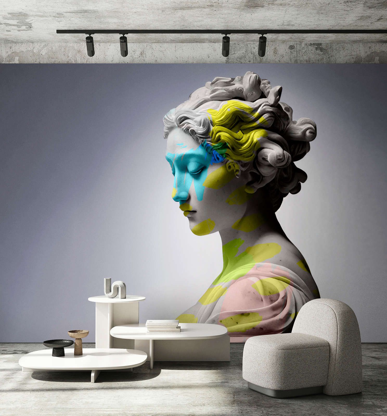             papier peint en papier panoramique »clio« - sculpture féminine aux accents de couleurs vives - intissé lisse, légèrement nacré
        