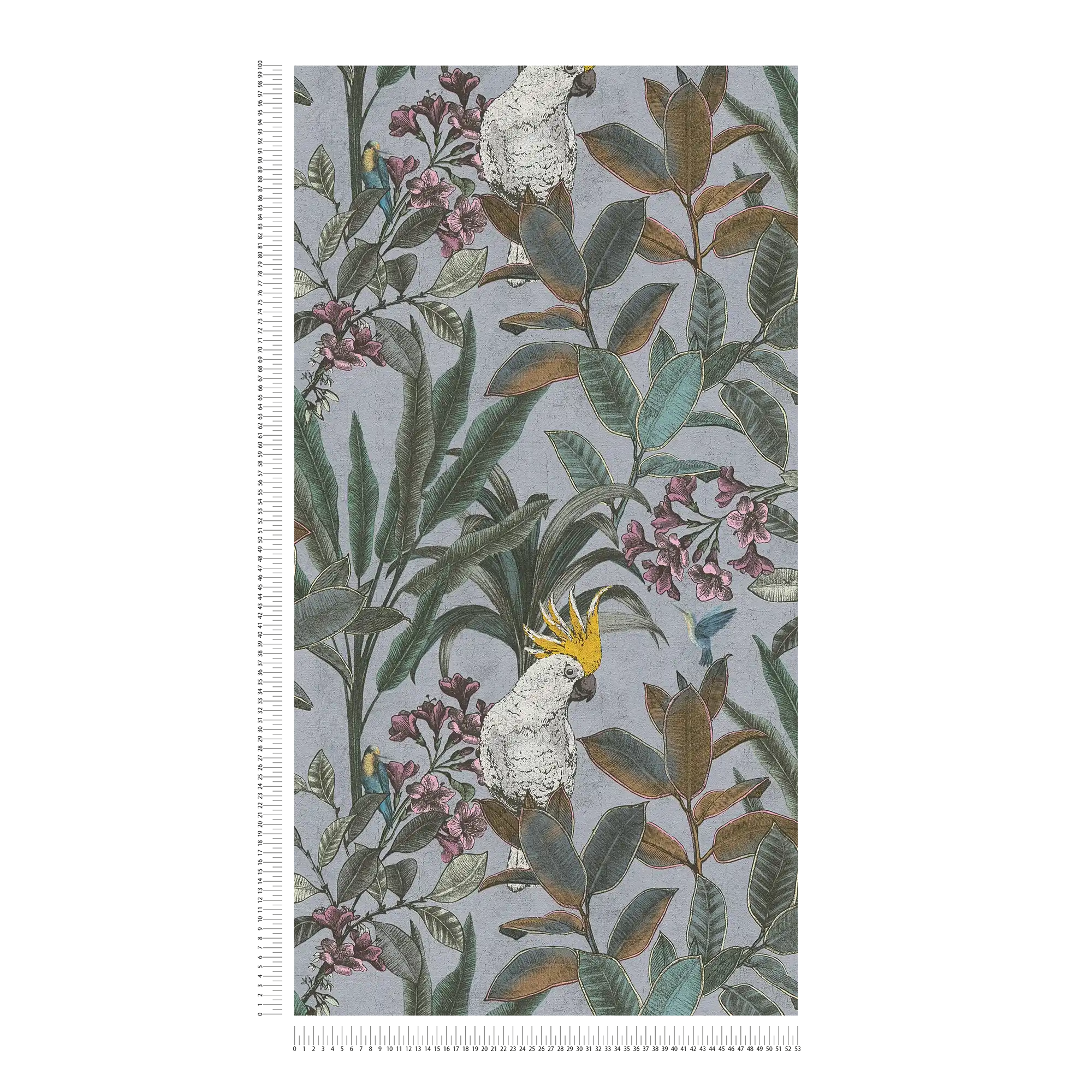             Non-woven wallpaper jungle with cockatoo in vintage look - grey, blue, green
        