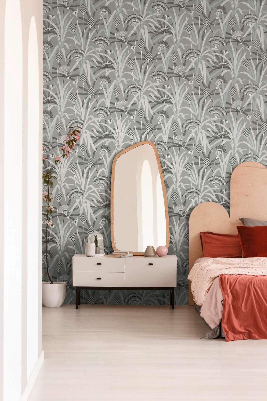             Non-woven wallpaper with flowers and grasses in a retro look - grey, blue, green
        