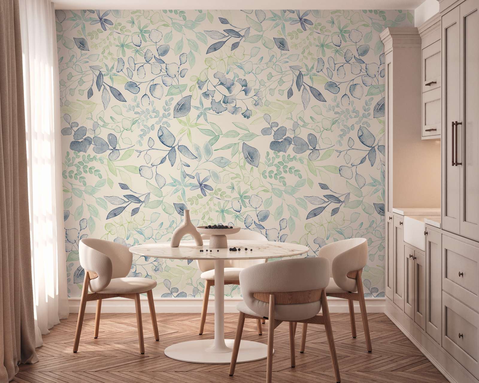             Motif wallpaper in XXL design with watercolour floral pattern - blue, green, white
        