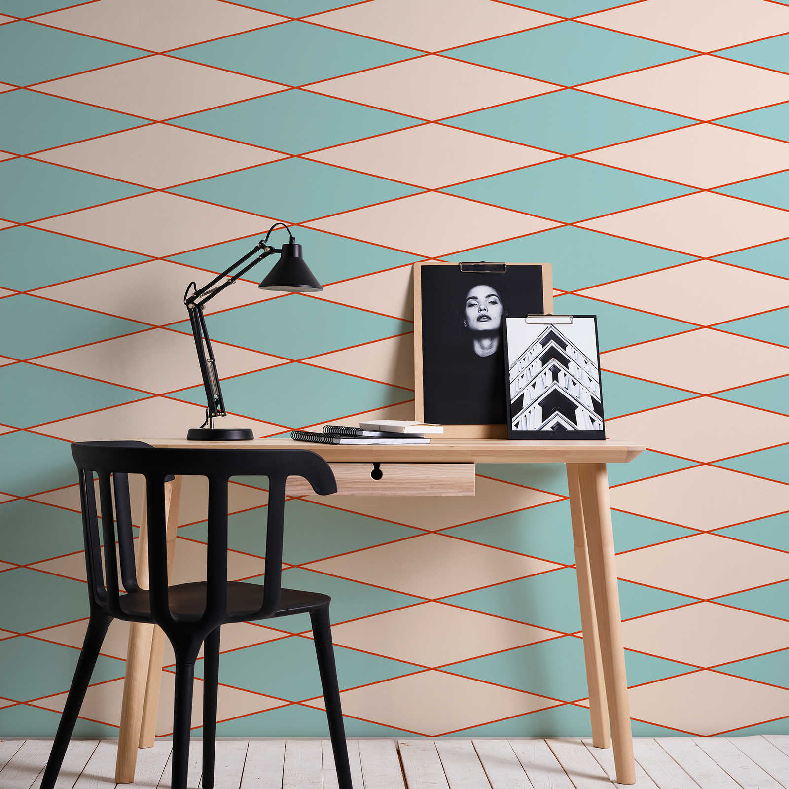         Retro wallpaper with graphic diamond pattern - cream, turquoise, orange | Premium smooth fleece
    