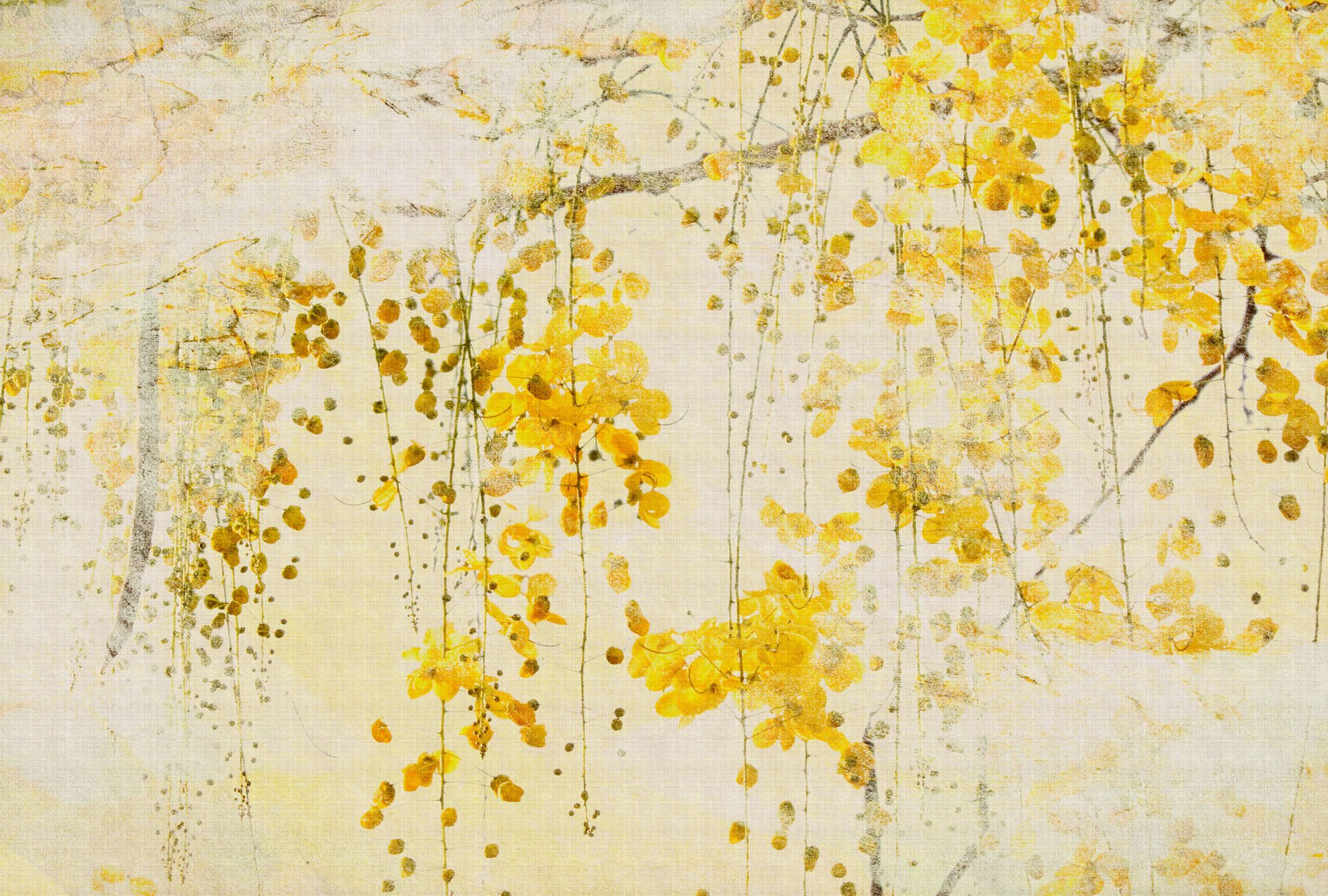             papier peint en papier panoramique »taiyo« - guirlande de fleurs avec structure en lin en arrière-plan - jaune | Intissé mat et lisse
        