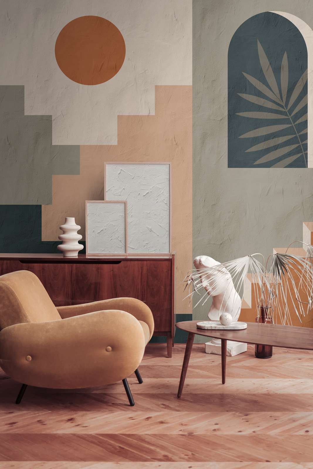             Mediterranean photo wallpaper with abstract architecture in warm earth tones as non-woven wallpaper - green, blue, orange
        