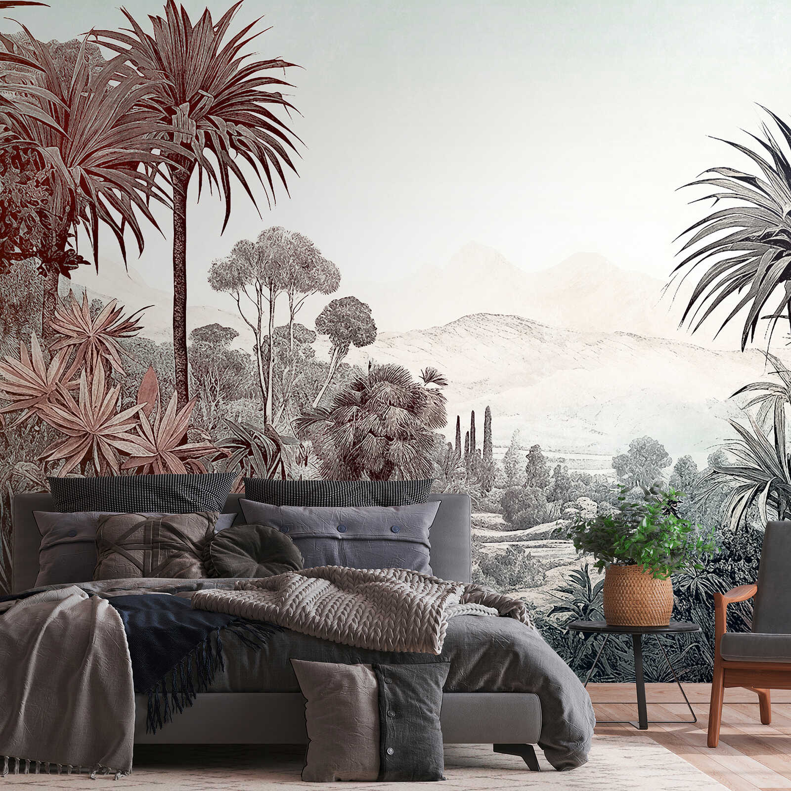             Non-woven wallpaper mural with tropical jungle landscape and light colour gradient - colourful, brown, blue
        