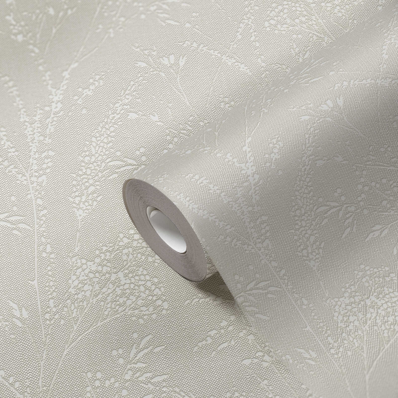             Glittering non-woven wallpaper with filigree tendrils and leaves - brown, beige, white
        