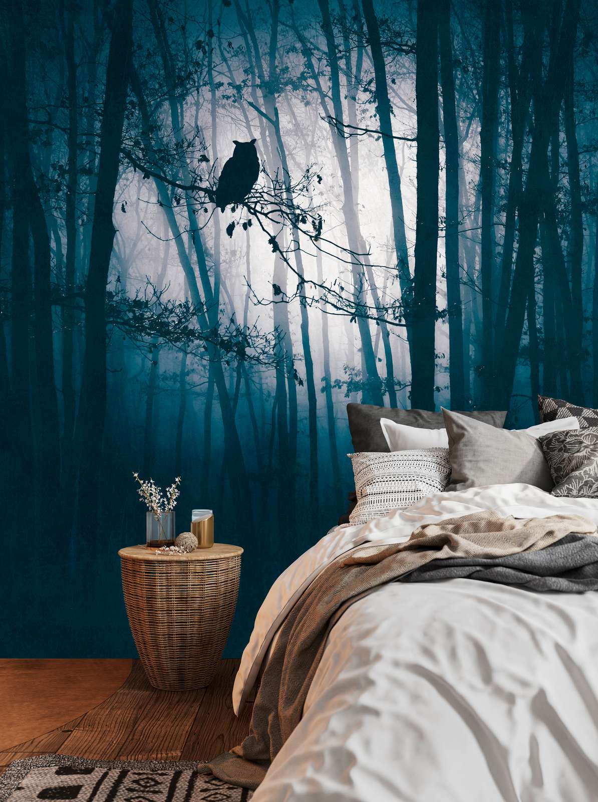             Non-woven wallpaper with mystical forest motif at night and owl silhouette - blue, black
        