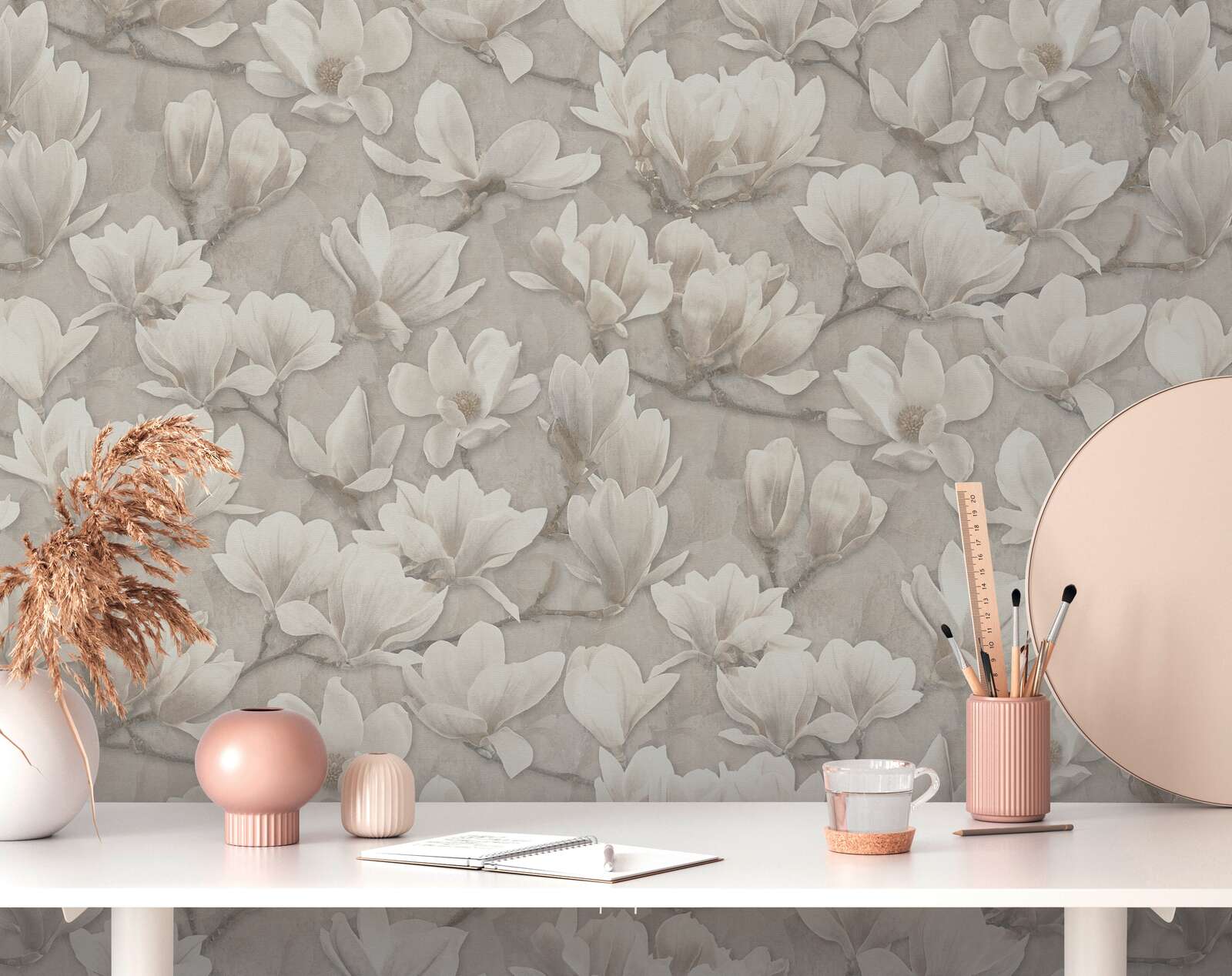             Non-woven wallpaper with all over magnolia floral motif print - beige, cream, white
        