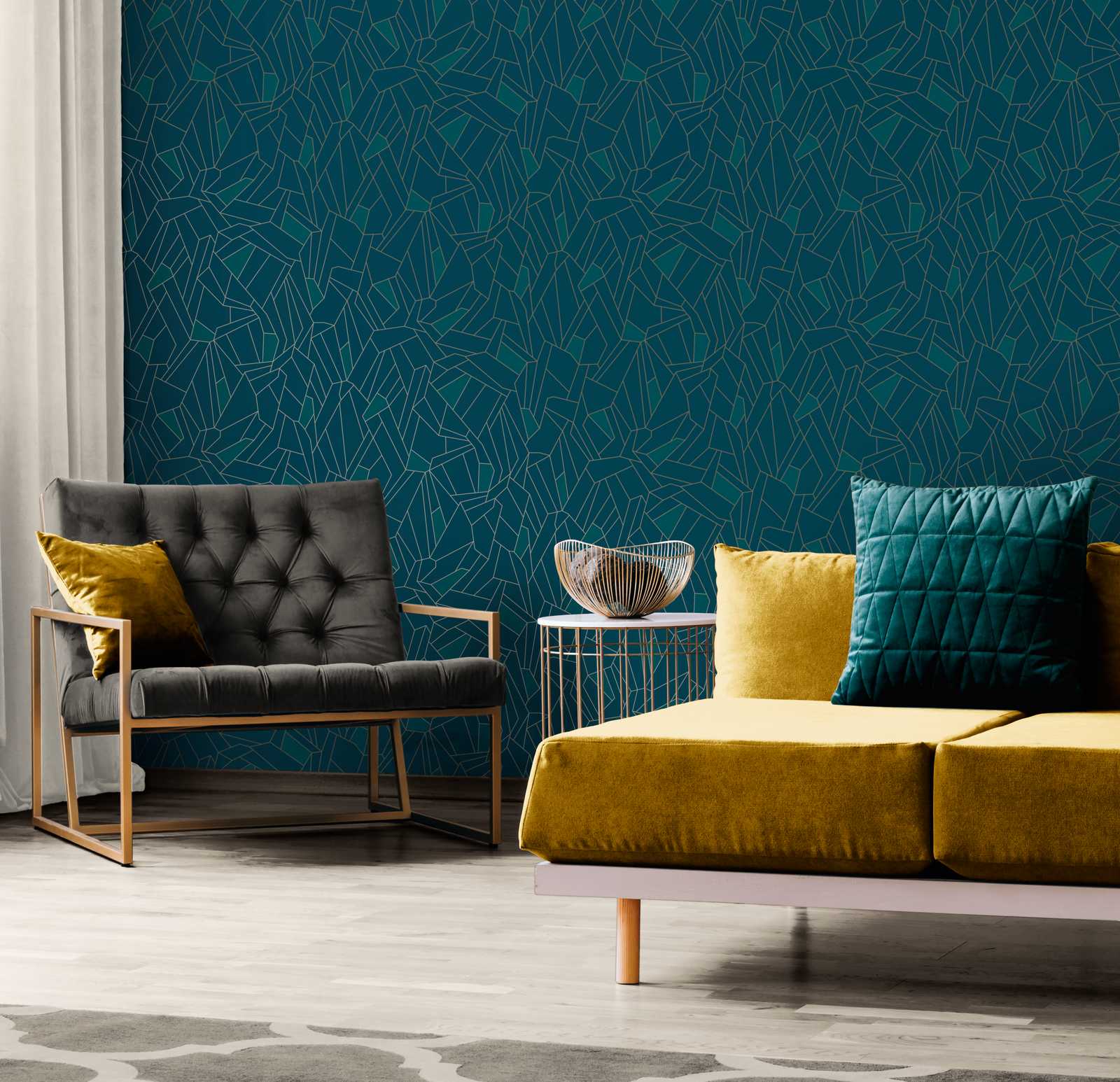             Retro non-woven wallpaper with glitter effect - blue, petrol, beige
        