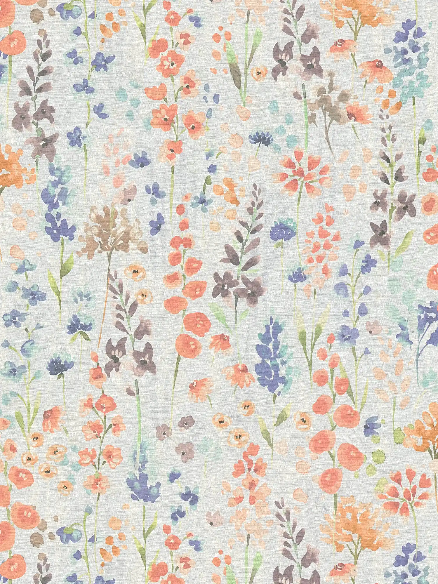             Colourful flower meadow wallpaper in watercolour look - colourful, light grey, orange
        