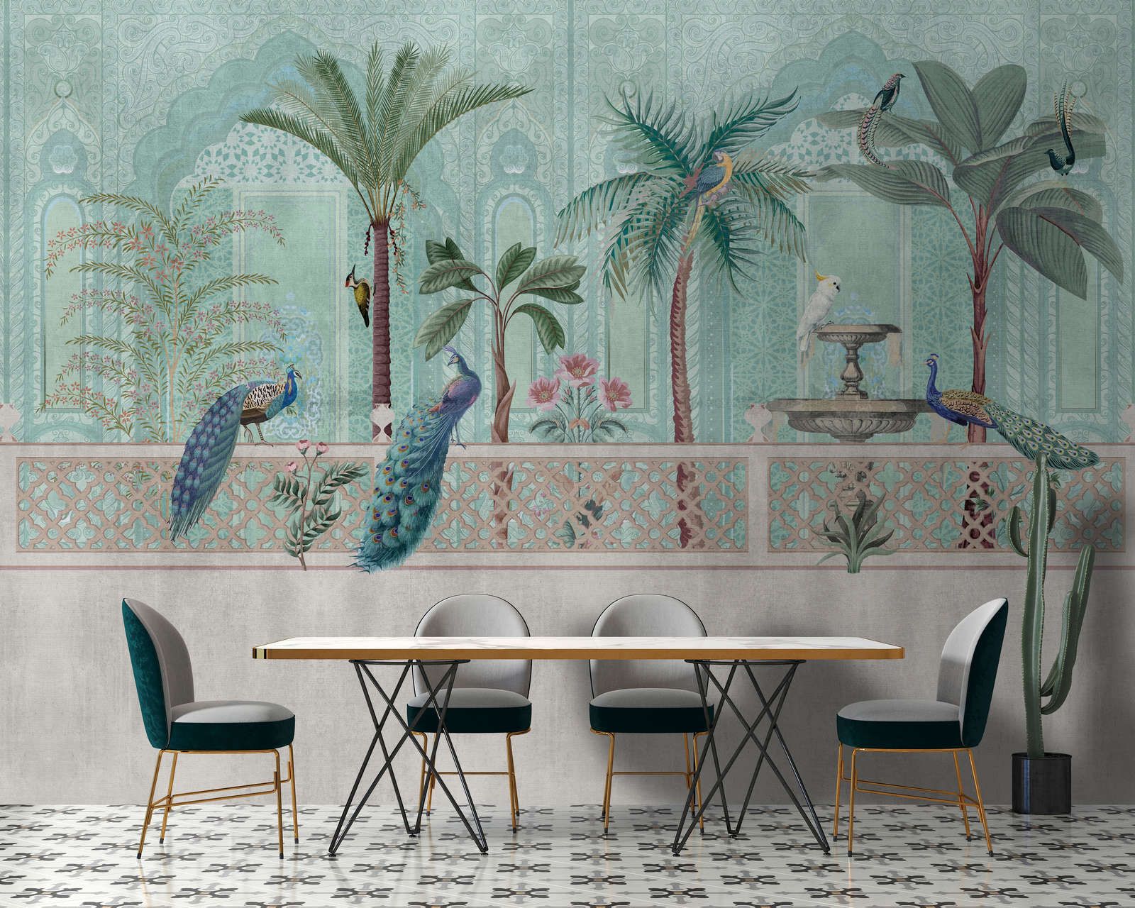             Photo wallpaper »pavo« - Birds, palm trees & fountains - Green, blue with tapestry structure | Lightly textured non-woven
        
