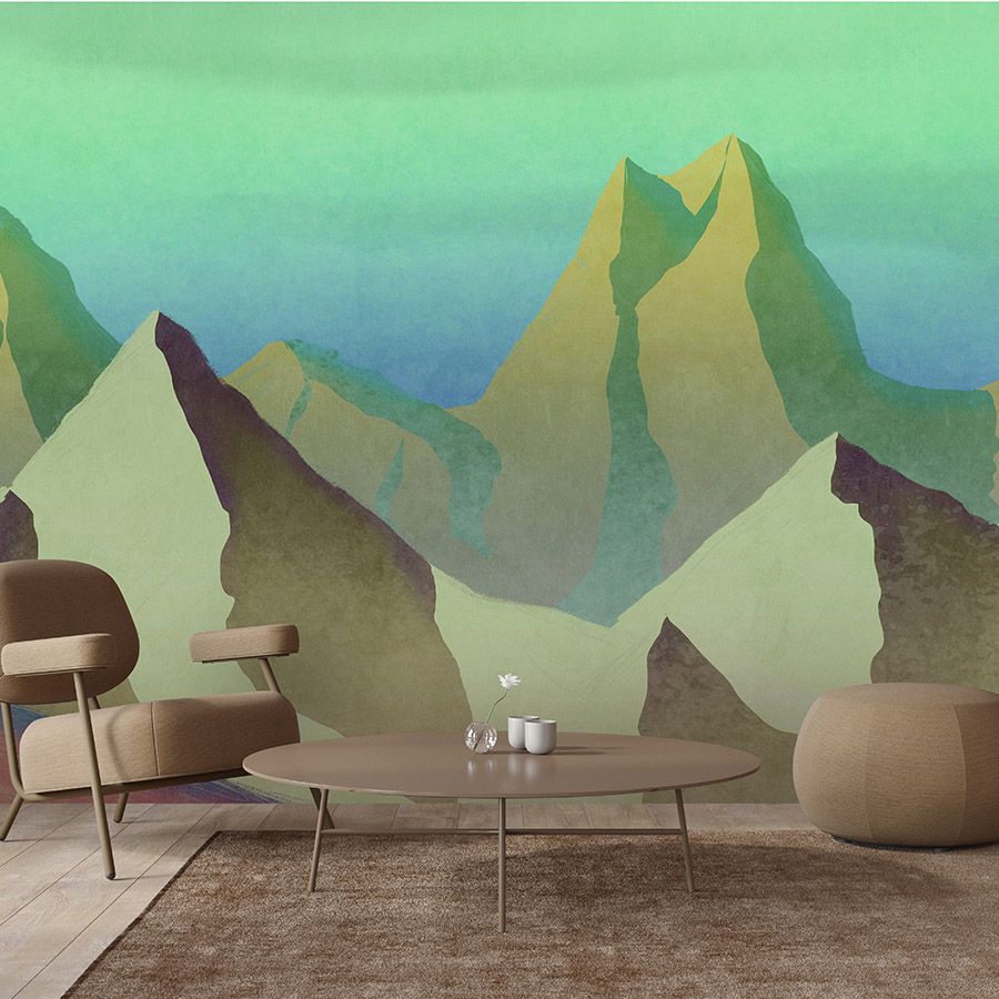 Fotomurali »altitude 2« - Montagne astratte in verde con texture vintage in gesso - Materiali non tessuto a trama leggera
