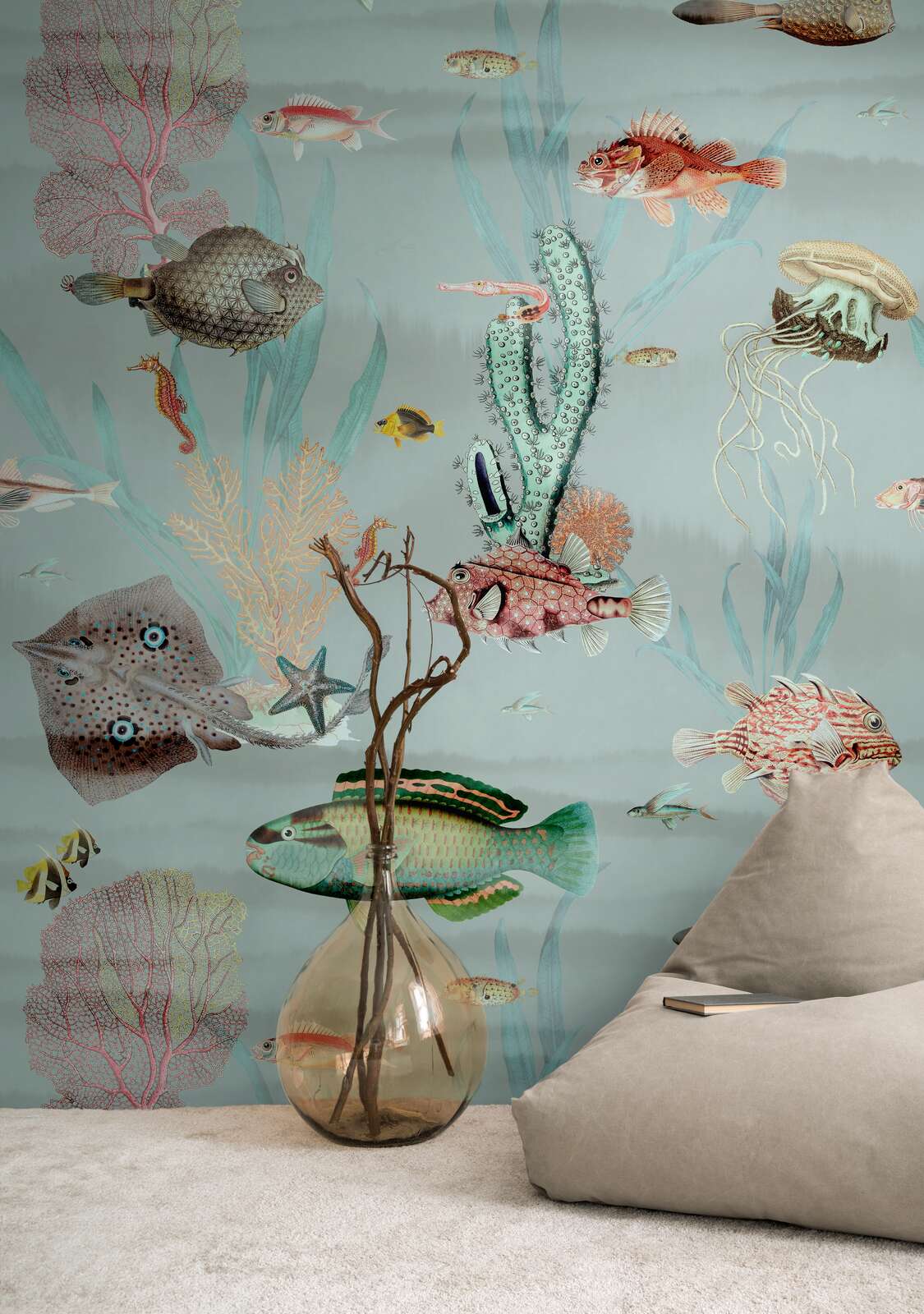             Non-woven wallpaper underwater world with fish and plants and a large-scale pattern repetition - blue, colourful, pink
        