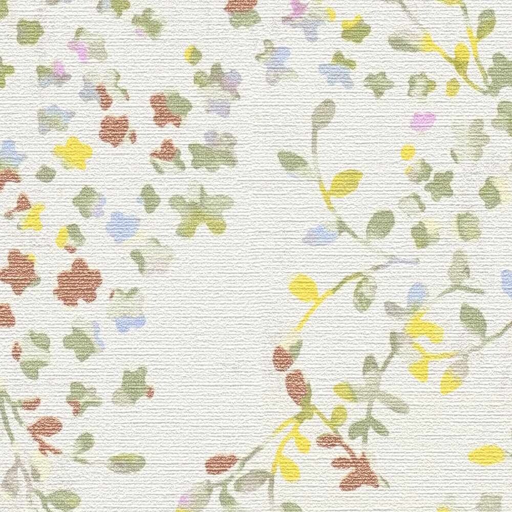             Non-woven wallpaper with colourful tendril motif with light bronze accents - colourful, cream, green
        